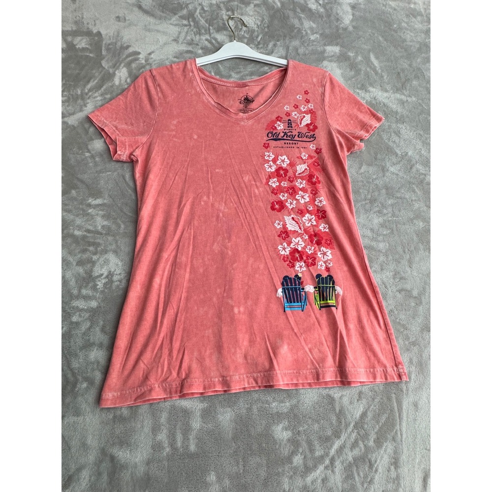 Disney Parks Old Key West Resort V-Neck Graphic T-Shirt Coral Pink Womens Medium
